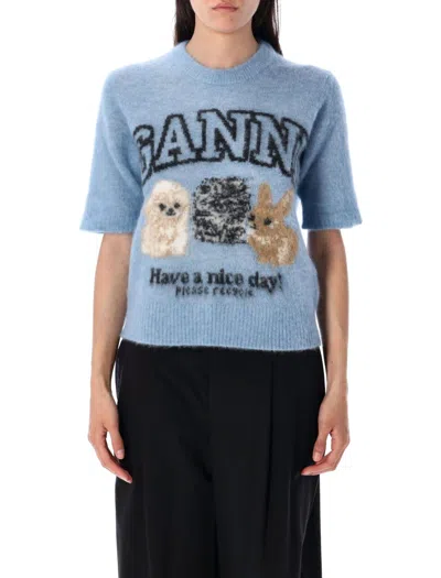 Ganni Light Blue Crewneck T-shirt With Maxi Logo Embroidery On The Front