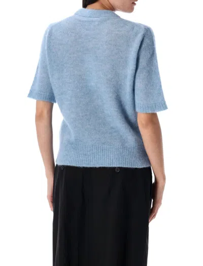 Ganni Light Blue Crewneck T-shirt With Maxi Logo Embroidery On The Front