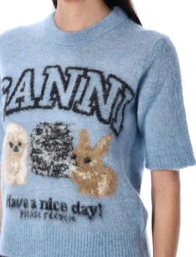 Ganni Light Blue Crewneck T-shirt With Maxi Logo Embroidery On The Front