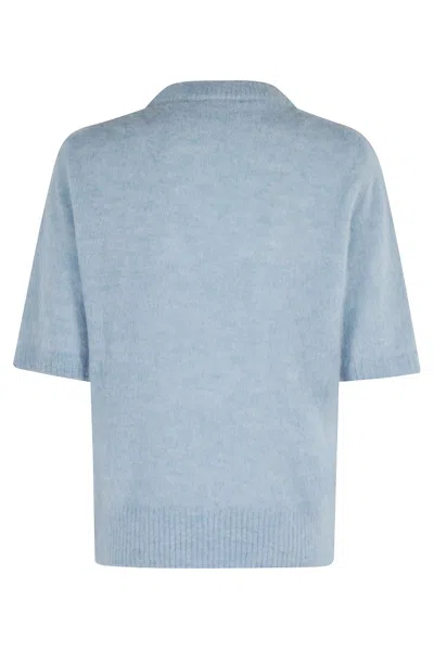 Ganni Light Blue Crewneck T-shirt With Maxi Logo Embroidery On The Front In Blue
