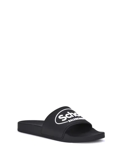 Balenciaga X Scholl Logo Pool Slides In Black