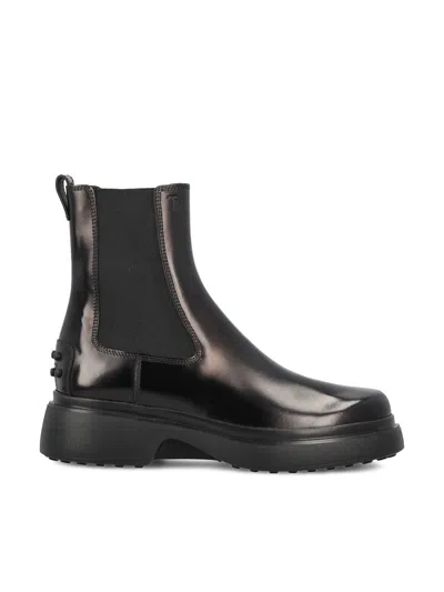 Tod's Black Leather Ankle Boots With Elastic Panels In Black
