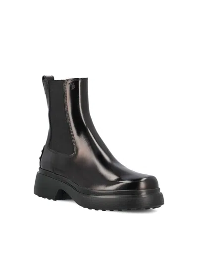 Tod's Black Leather Ankle Boots With Elastic Panels In Black