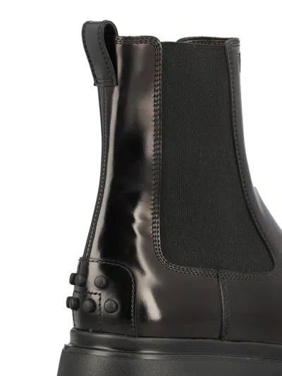 Tod's Black Leather Ankle Boots With Elastic Panels In Black
