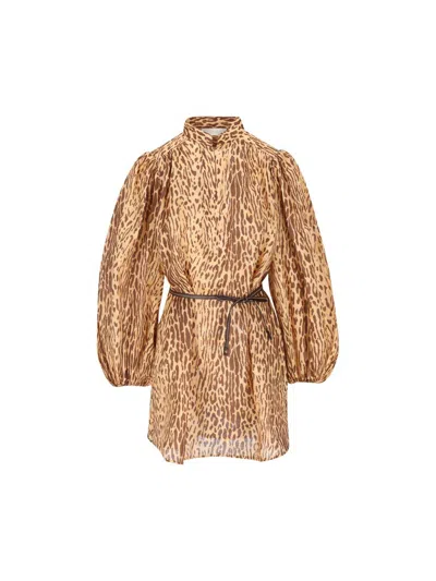 Zimmermann Cascadian Beige Tunic Dress With Stand-up Collar And All-over Leopard Print In Linen Woman In Neutral