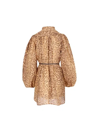 Zimmermann Cascadian Beige Tunic Dress With Stand-up Collar And All-over Leopard Print In Linen Woman In Neutral