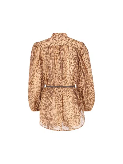 Zimmermann Cascadian Beige Tunic Dress With Stand-up Collar And All-over Leopard Print In Linen Woman In Multi