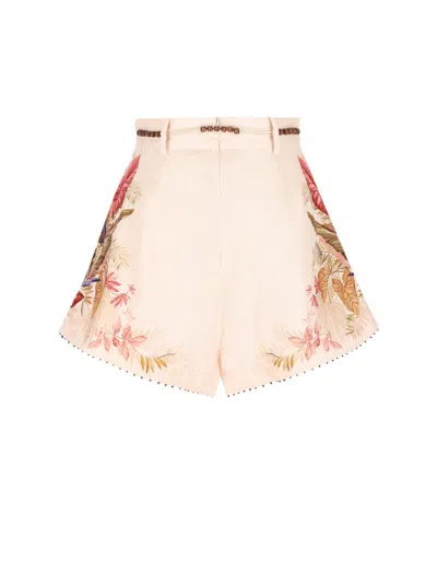 Zimmermann Ascension Belted Bead-embellished Floral-print Linen Shorts In Pink