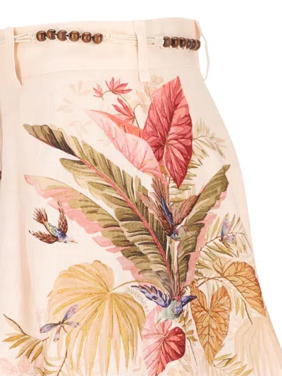 Zimmermann Ascension Belted Bead-embellished Floral-print Linen Shorts In Pink