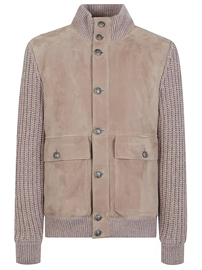 Brunello Cucinelli Bomber Jacket With Knitted Back And Textured Knit Sleeves In Neutral