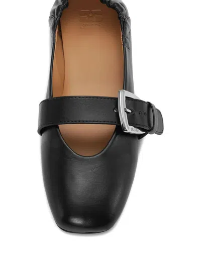 Ganni Buckle Strap Ballerinas With Rounded Square Toe In Black