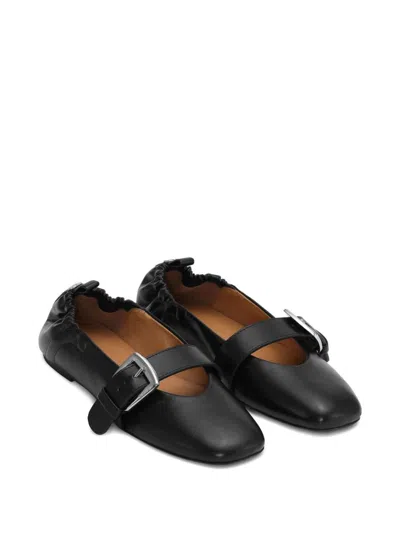 Ganni Buckle Strap Ballerinas With Rounded Square Toe In Black