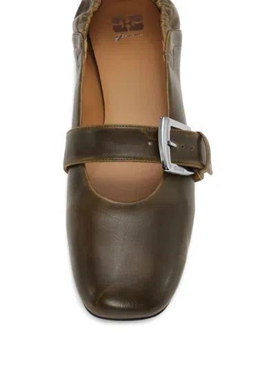 Ganni Ballerina With Buckle Strap In Green