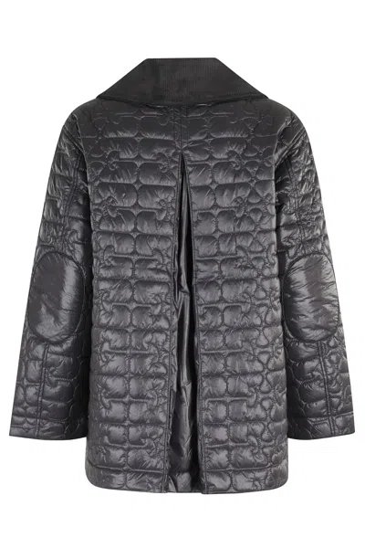 Ganni Shiny Black Quilted Midi Jacket With Pointed Collar