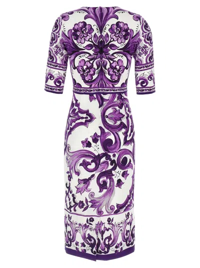 Dolce & Gabbana Violet Crewneck Dress With Rear Zip Closure And All-over Floral Print In Silk Stretch Woman In Purple