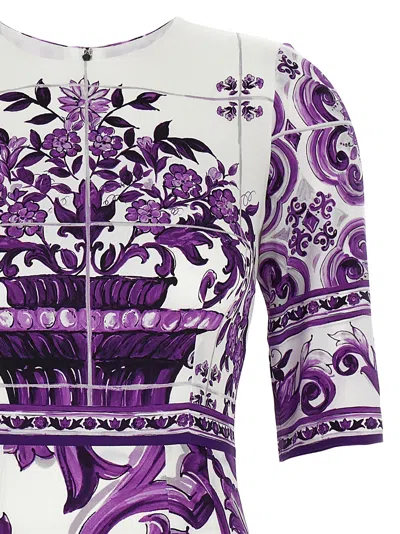 Dolce & Gabbana Violet Crewneck Dress With Rear Zip Closure And All-over Floral Print In Silk Stretch Woman In Purple