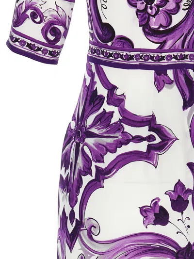Dolce & Gabbana Violet Crewneck Dress With Rear Zip Closure And All-over Floral Print In Silk Stretch Woman In Purple