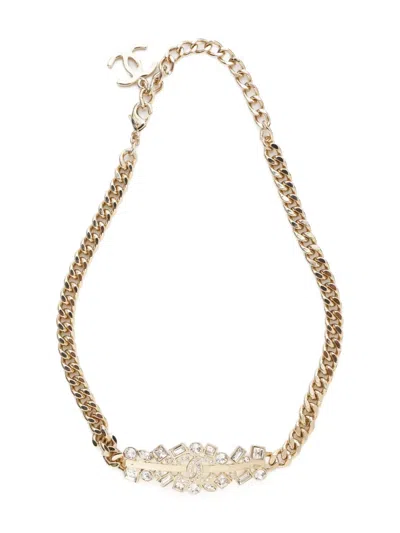 Pre-owned Chanel 2023 Rhinestone-embellished Cc Chain Necklace In Gold