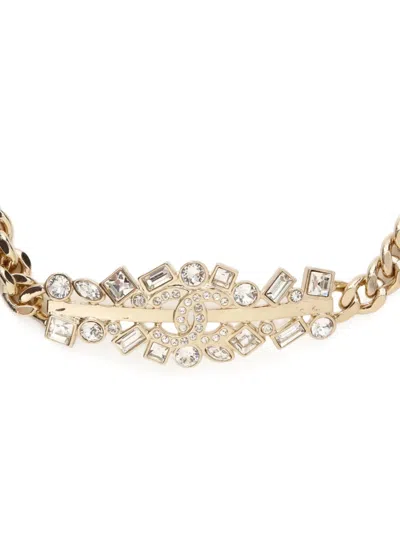 Pre-owned Chanel 2023 Rhinestone-embellished Cc Chain Necklace In Gold