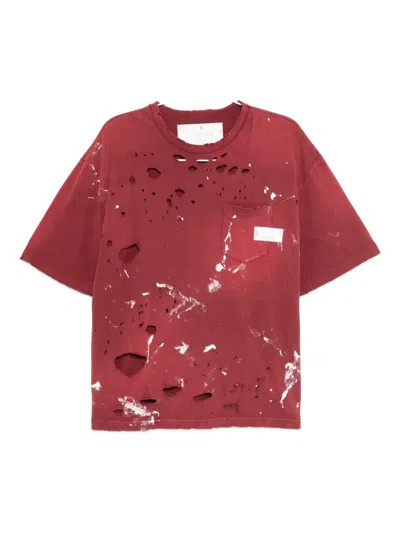 Neighborhood Savage Distressed Paint-splattered Cotton-jersey T-shirt In Red