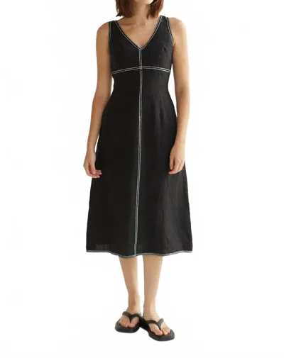 Crescent Embroidered Contrast Stitch Linen Midi Dress In Black