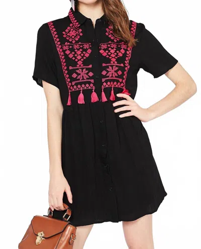 Entro Embroidered & Tassel Mini Dress In Black In Black