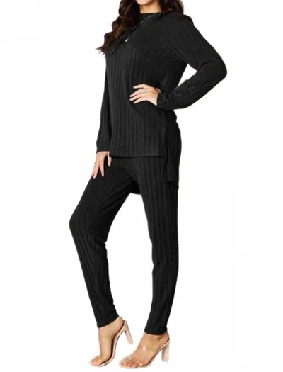 Basic Bae Ribbed High-low Slit Top And Pants Set In Black