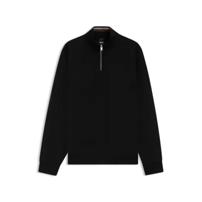Hugo Boss Zip-neck Sweater With Structured Wool-cotton Front In Black
