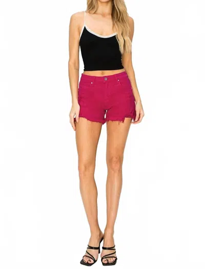 Risen Mid Rise Frayed Hem Shorts In Fuchsia In Pink