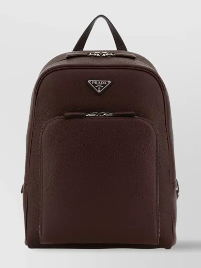 Prada Leather Backpack With Top Handle And Front Zip Pocket In Brown