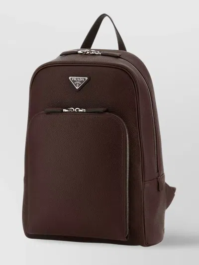 Prada Leather Backpack With Top Handle And Front Zip Pocket In Brown