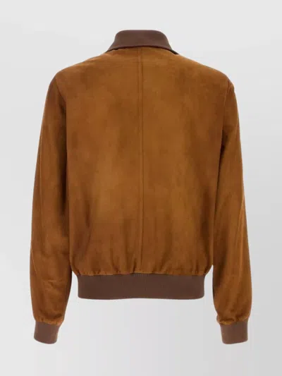 Prada Suede Jacket With Ribbed Cuffs And Hem In Orange