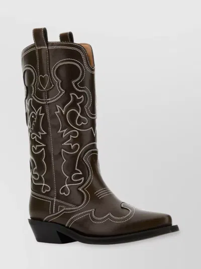 Ganni Mid Shaft Embroidered Western Boot Oleatex Boots Black