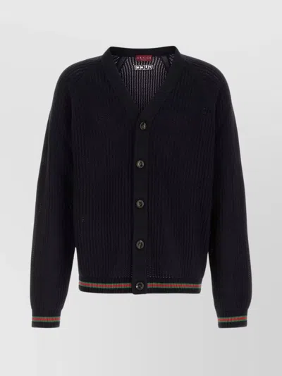 Gucci Crochet Cardigan With V Neck And Striped Hem In Black