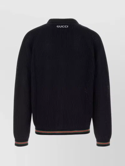 Gucci Crochet Cardigan With V Neck And Striped Hem In Black