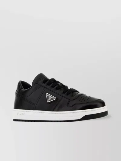 Prada Leather Sneakers With Perforated Toe Cap In Black