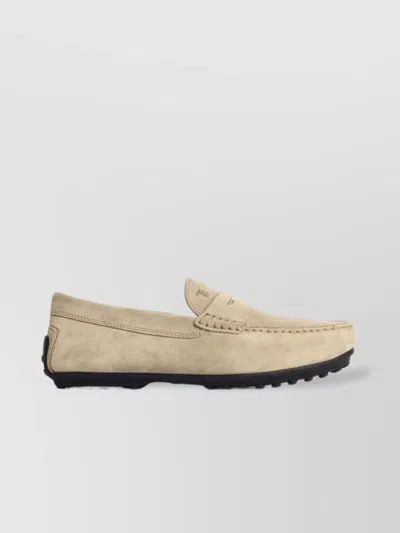 Tod's Suede Loafers With Rubber Sole And Stitch Detailing In Gold