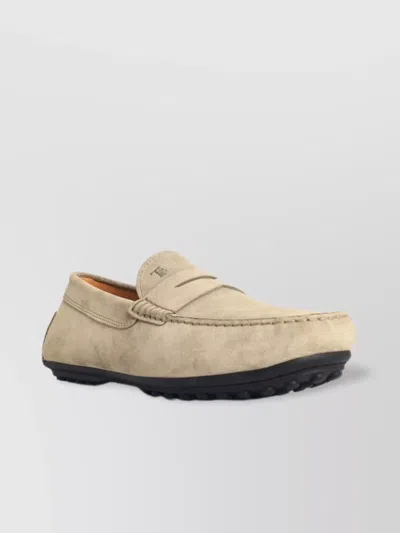 Tod's Suede Loafers With Rubber Sole And Stitch Detailing In Gold