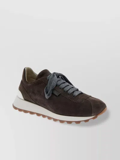 Brunello Cucinelli Suede Leather Sneakers With Contrasting Laces In Brown