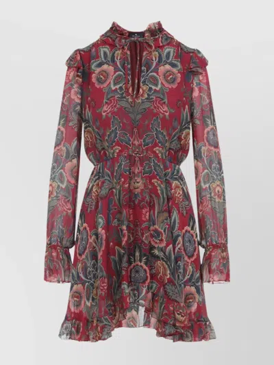 Etro High Neck Floral Print Mini Dress In Multi