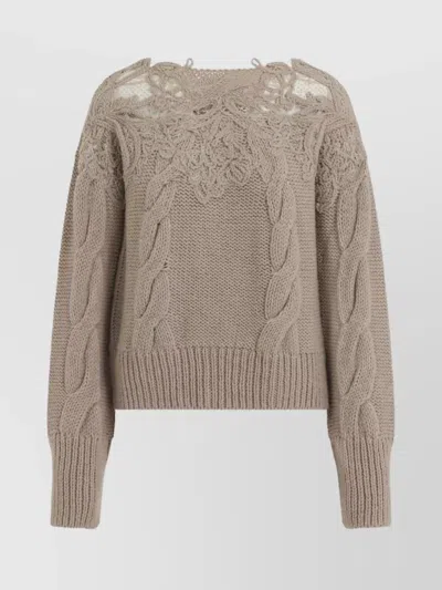 Ermanno Scervino Boat Neckline Cable Knit Pullover In Brown