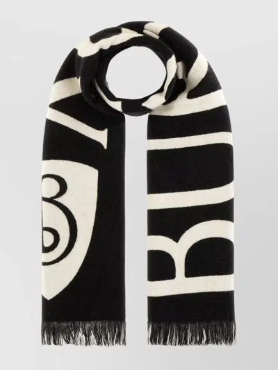 Burberry Embroidered Wool Scarf Fringe Detail In Black