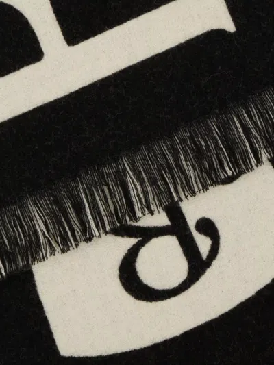 Burberry Embroidered Wool Scarf Fringe Detail In Black