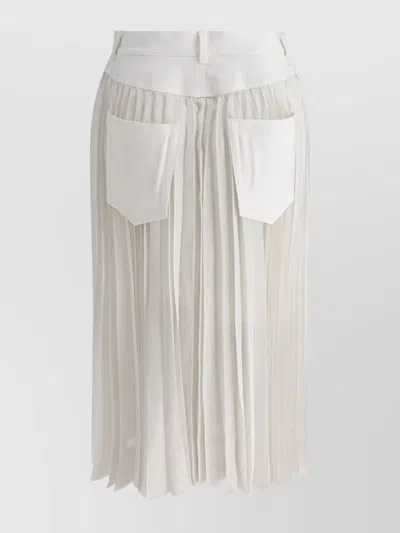 Sacai Belted Denim-trimmed Pleated Satin Midi Wrap Skirt In White