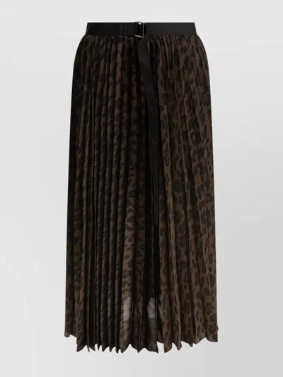 Sacai Pleated High-waisted Animal Print Midi Skirt In Black