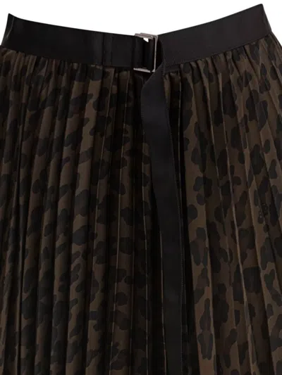 Sacai Pleated High-waisted Animal Print Midi Skirt In Black