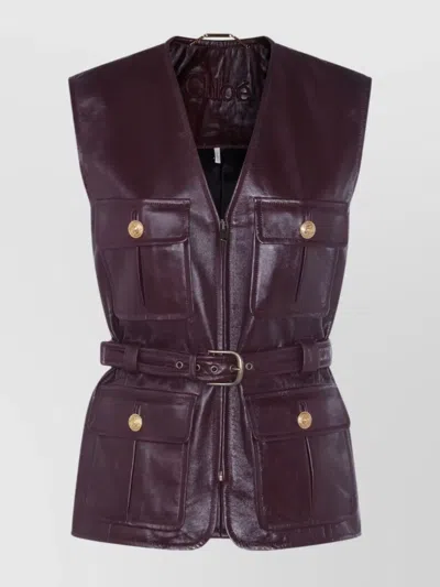 Chloé Leather Belted Waist Sleeveless Jacket In Burgundy