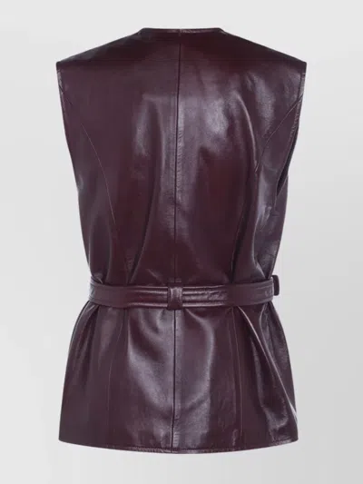 Chloé Leather Belted Waist Sleeveless Jacket In Burgundy