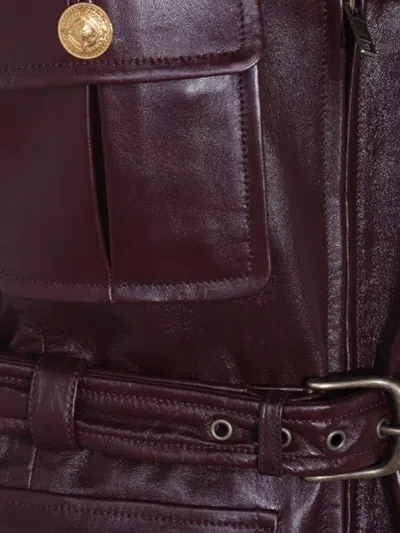 Chloé Leather Belted Waist Sleeveless Jacket In Burgundy