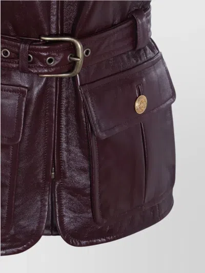 Chloé Leather Belted Waist Sleeveless Jacket In Burgundy